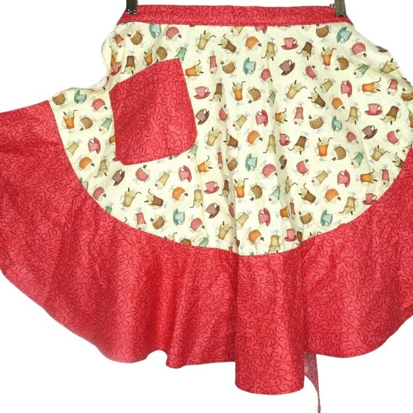 Retro Cooking Half Apron One Size Fountain Drinks Red Ruffle Pocket Tie Waist - Picture 5 of 11